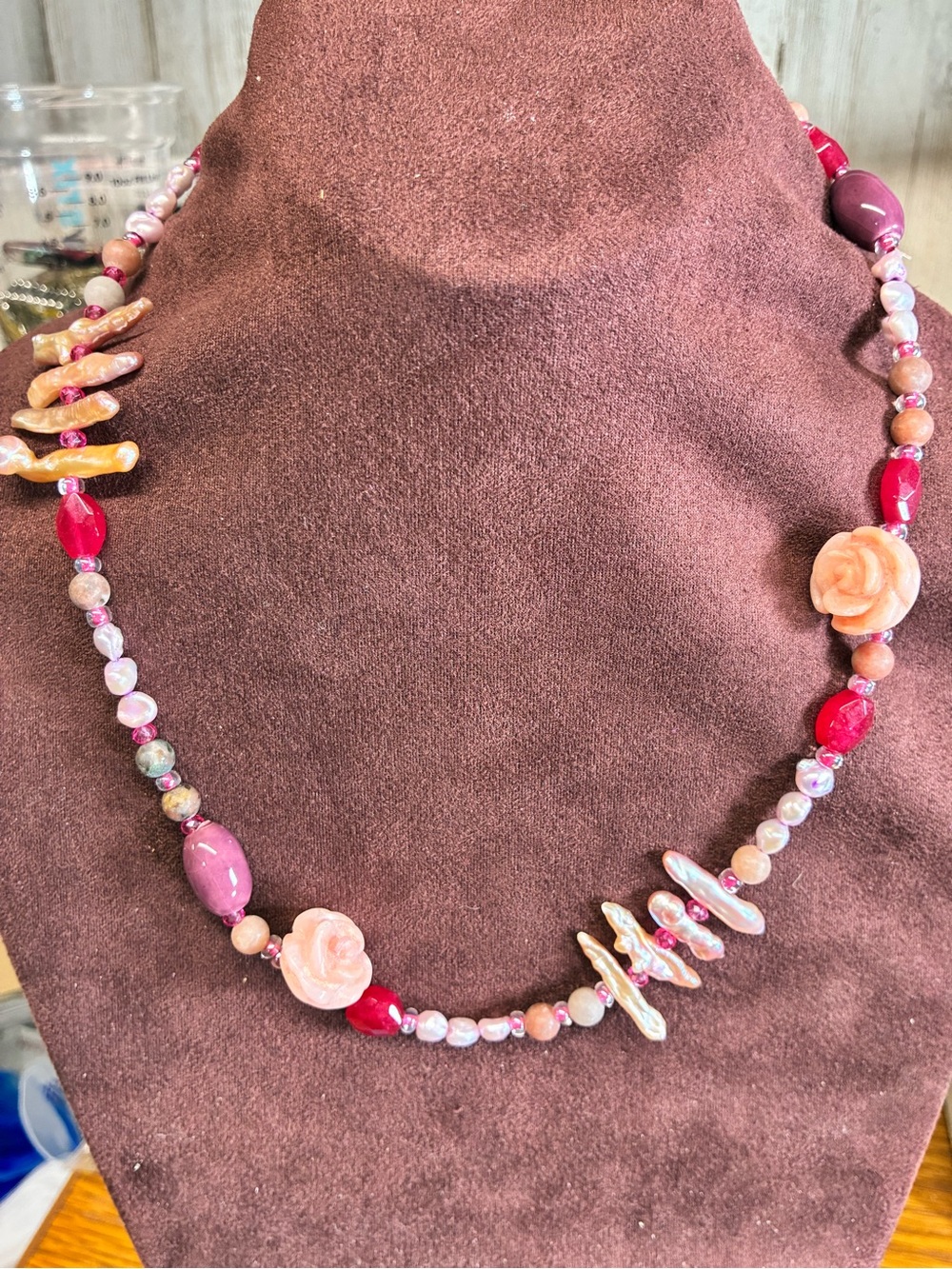 Handmade Pink Rose mop & pearl Beaded Necklace & earrings